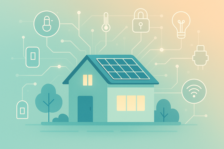 d0c58899-894f-48ed-8474-5b16b1d24e1d - Blueprint Abstract illustration of a modern sustainable house with integrated smart sensors and solar panels, connected by glowing lines to a central hub